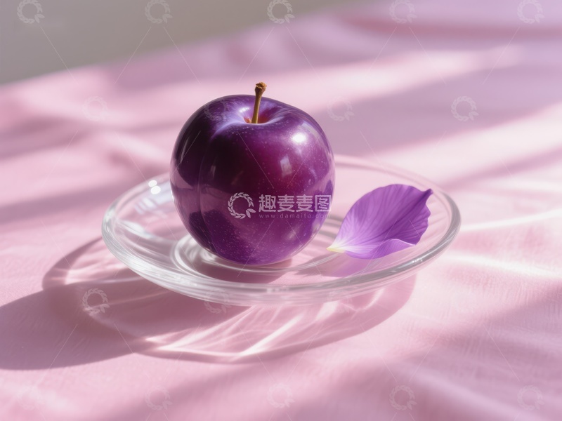 高清大图下载【趣麦麦图】紫色李子与花瓣置于玻璃碟上