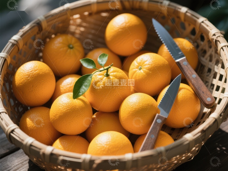 高清大图下载【趣麦麦图】篮中橙子与刀具