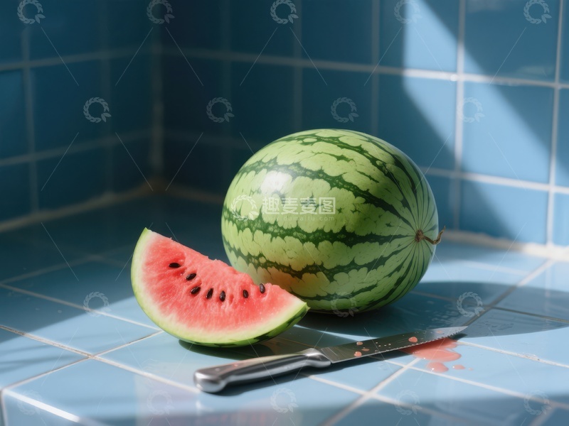 高清大图下载【趣麦麦图】切开的西瓜与刀具置于蓝色瓷砖上