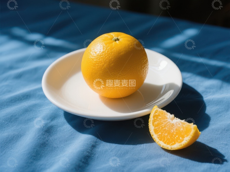 高清大图下载【趣麦麦图】橙子与切片置于蓝色布上的白色盘中