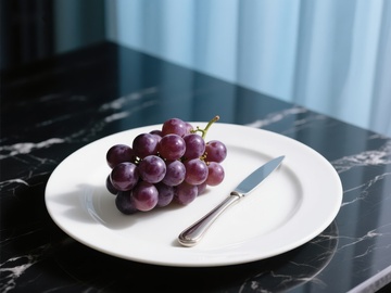 盘中紫葡萄与刀具