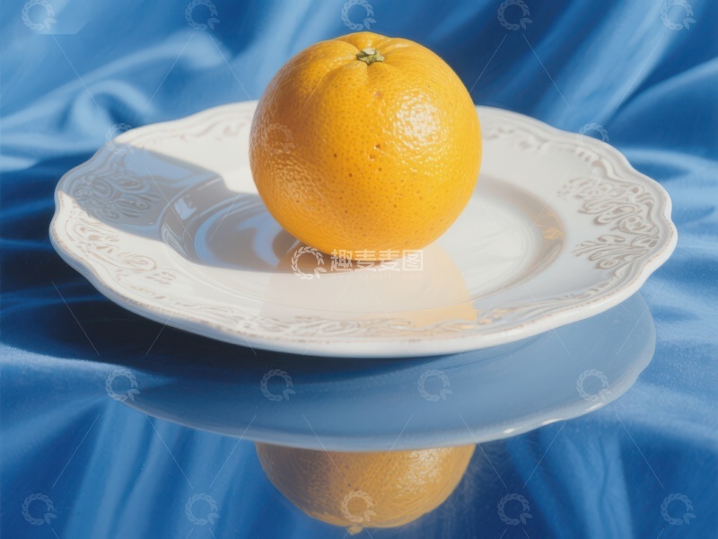 高清大图下载【趣麦麦图】橙子置于白色盘上，蓝色背景衬托