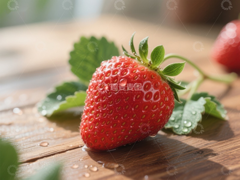 高清大图下载【趣麦麦图】新鲜草莓特写，木质背景