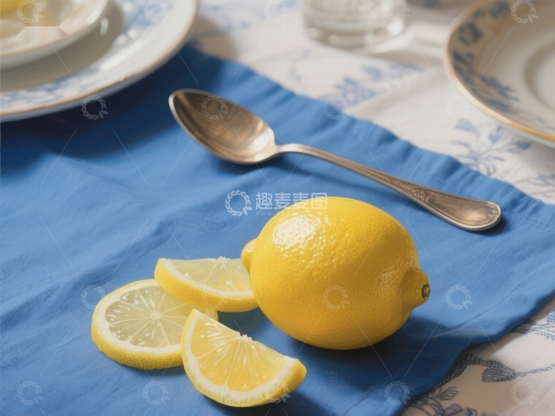 高清大图下载【趣麦麦图】柠檬切片与银勺置于蓝色餐巾上