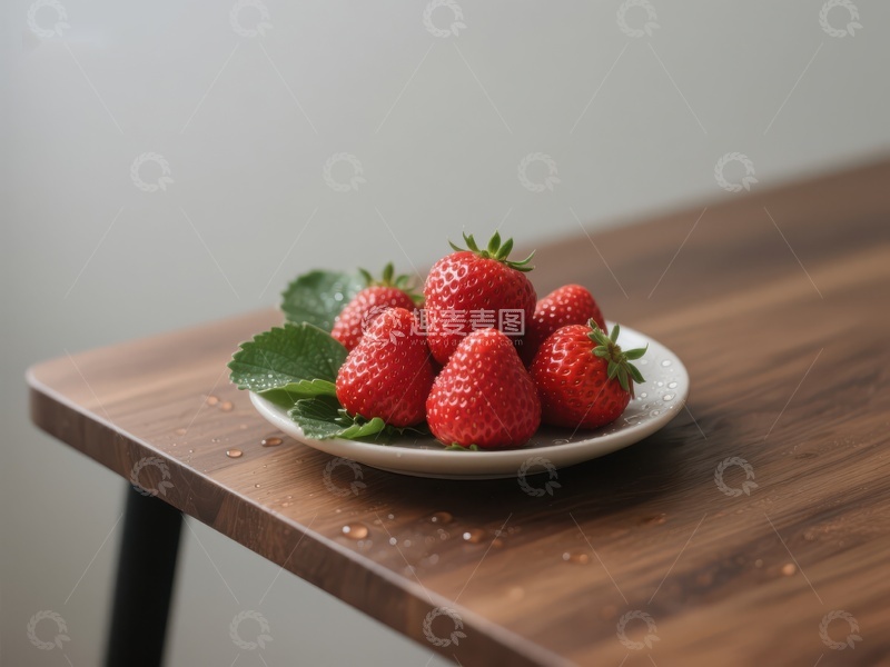 高清大图下载【趣麦麦图】新鲜草莓置于木质桌上的白色碟中