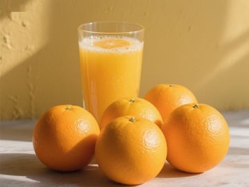 新鲜橙子与一杯橙汁