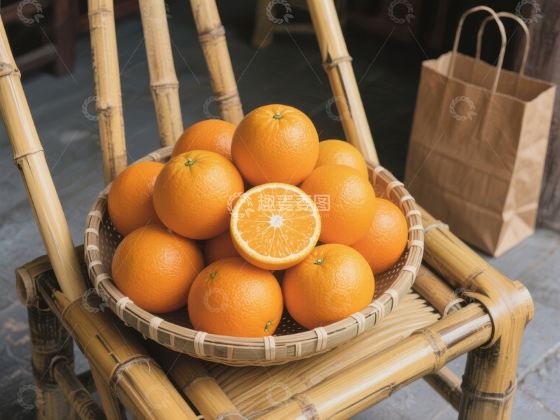 高清大图下载【趣麦麦图】竹篮中的新鲜橙子