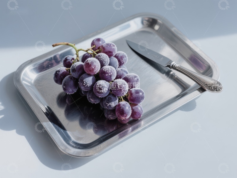 高清大图下载【趣麦麦图】银盘上的葡萄与刀具