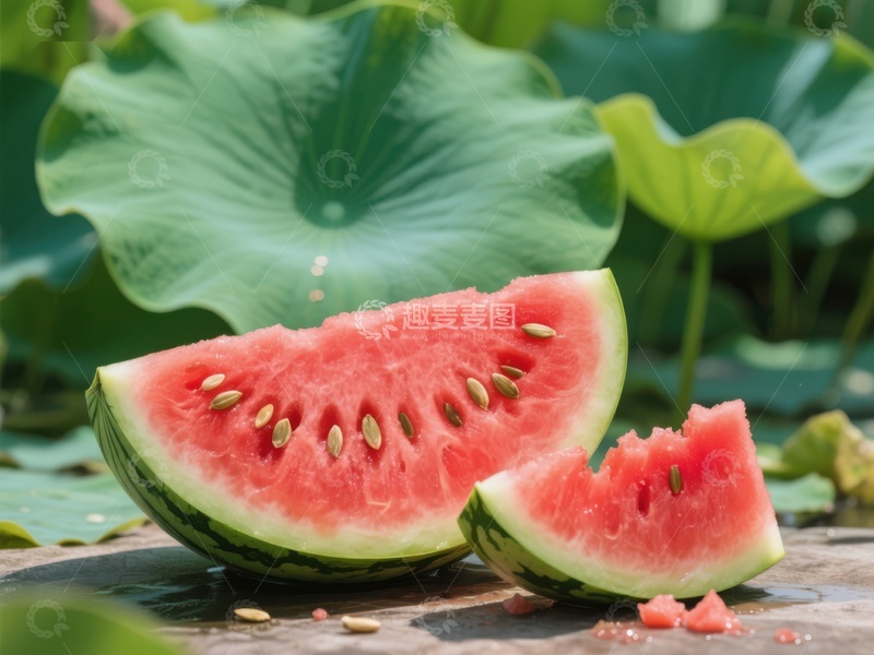 高清大图下载【趣麦麦图】切开的西瓜与荷叶背景