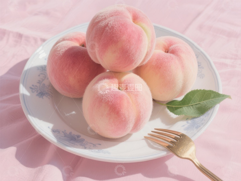 高清大图下载【趣麦麦图】盘中新鲜桃子，配以绿叶点缀