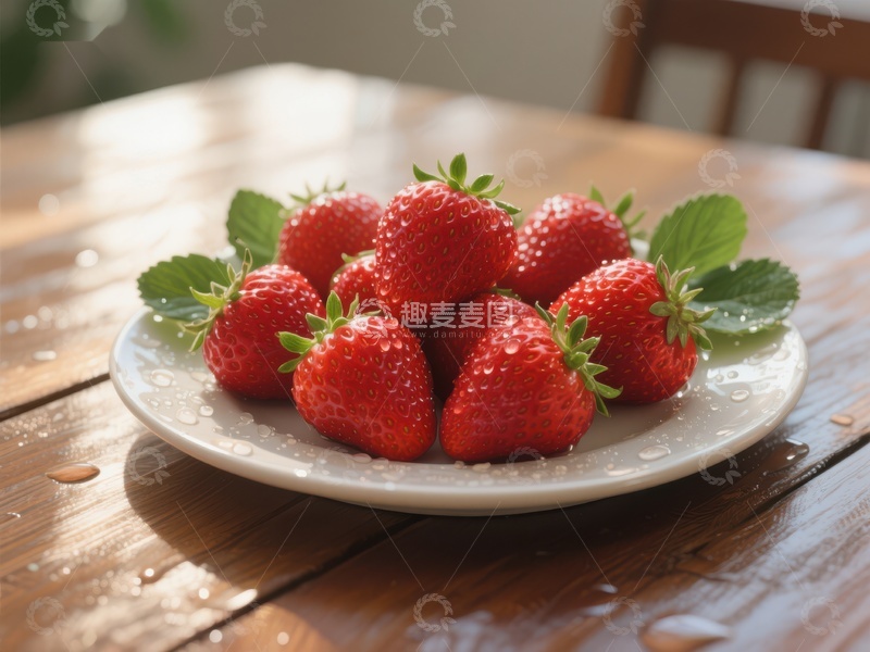 高清大图下载【趣麦麦图】新鲜草莓堆放在白色盘子上