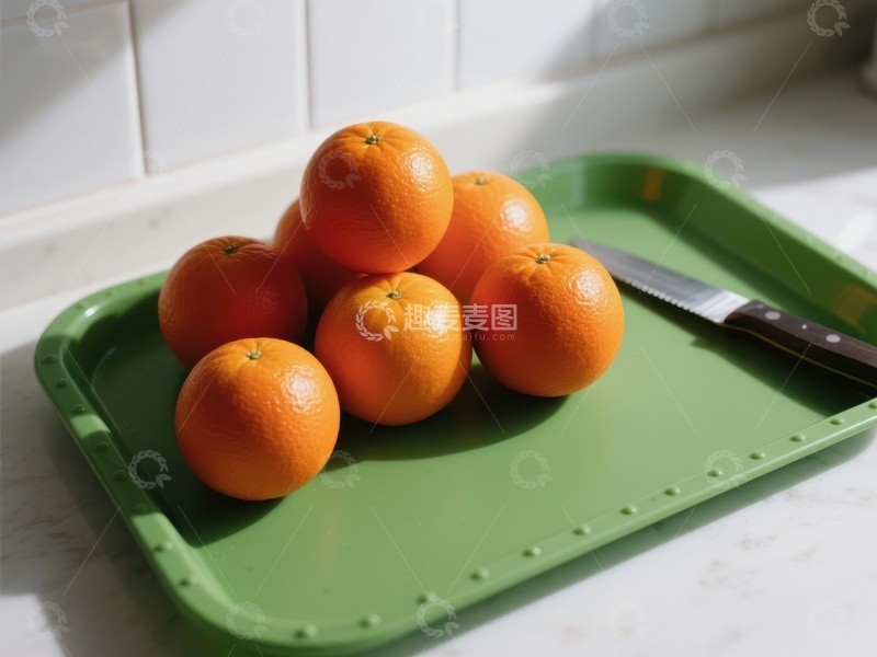 高清大图下载【趣麦麦图】绿色托盘上的橙子与刀具