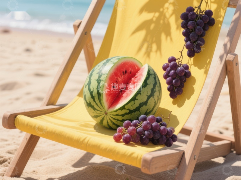 高清大图下载【趣麦麦图】沙滩躺椅上的西瓜与葡萄