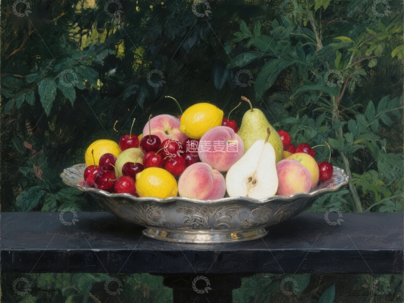 高清大图下载【趣麦麦图】水果静物：银盘上的苹果、梨和樱桃