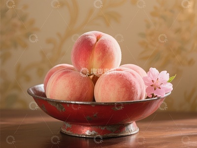 红碗中的桃子与樱花