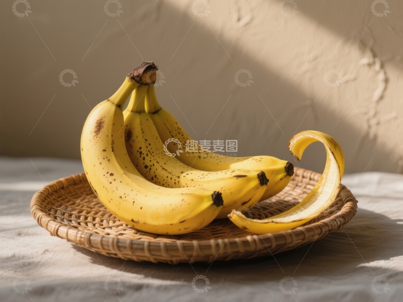 高清大图下载【趣麦麦图】香蕉置于编织篮中，阳光洒落