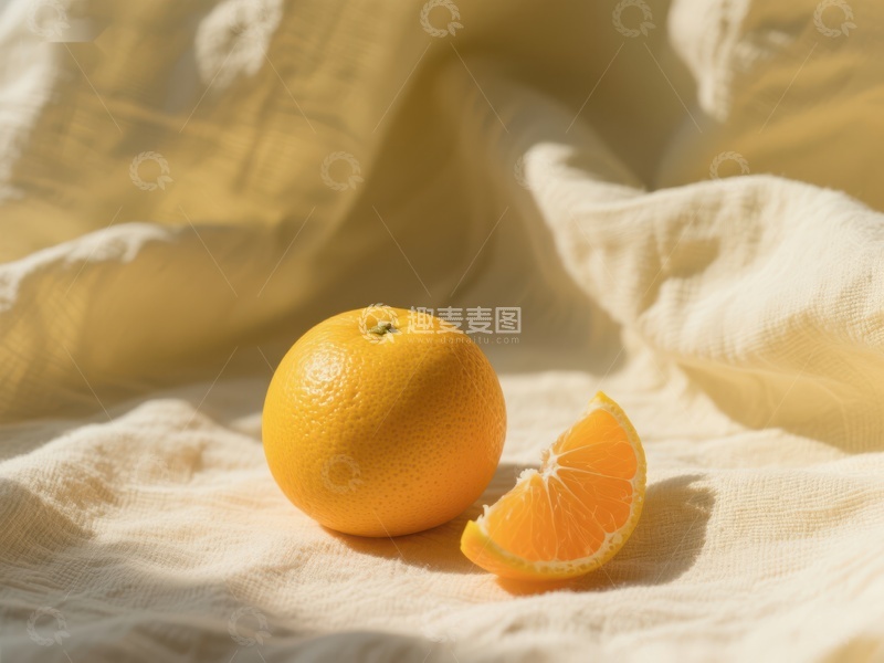高清大图下载【趣麦麦图】橙子与切片置于柔软布料上