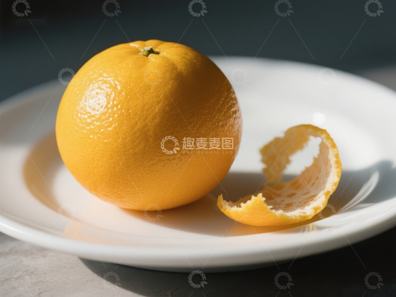 高清大图下载【趣麦麦图】新鲜橙子与果皮置于白色盘中