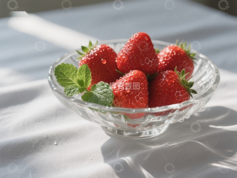 高清大图下载【趣麦麦图】新鲜草莓与薄荷叶的玻璃碗