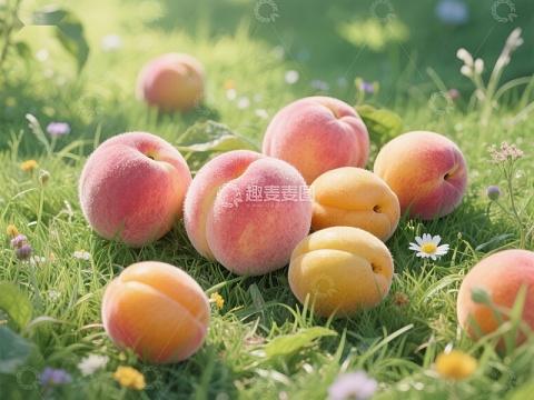 草地上散落的桃子和杏子