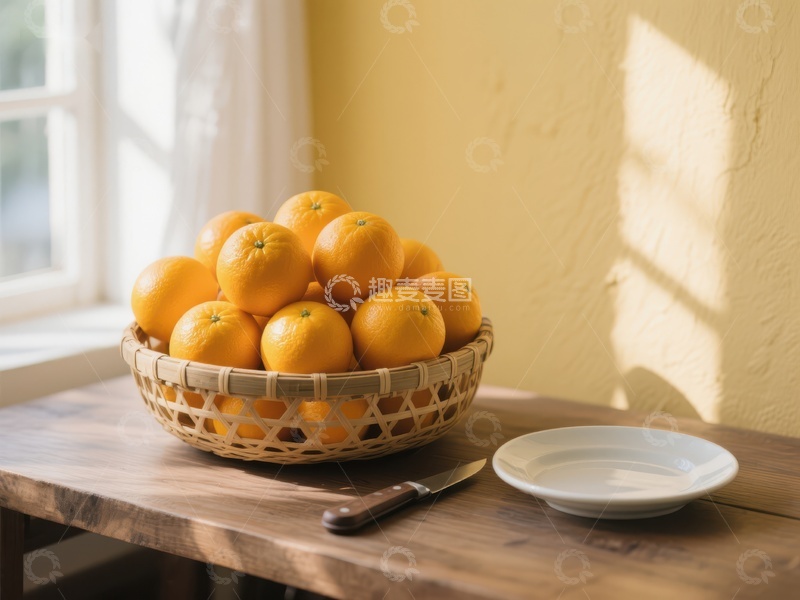 高清大图下载【趣麦麦图】竹篮盛满橙子置于木质桌旁