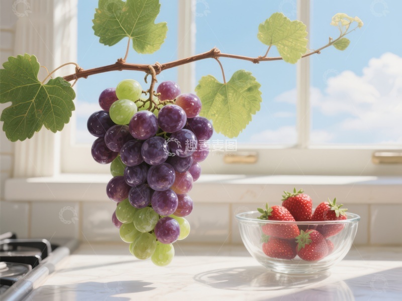 高清大图下载【趣麦麦图】葡萄与草莓在窗边的静物图