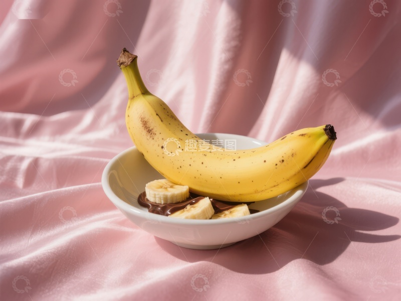 高清大图下载【趣麦麦图】香蕉与切片置于粉色背景碗中