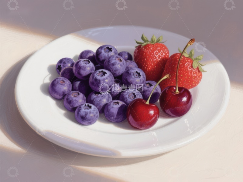 高清大图下载【趣麦麦图】新鲜水果盘：蓝莓、草莓与樱桃