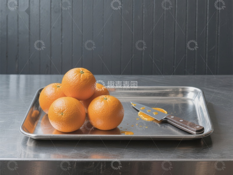 高清大图下载【趣麦麦图】橙子与刀具置于金属托盘