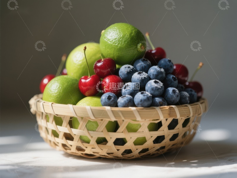 高清大图下载【趣麦麦图】篮子里的水果：青柠、樱桃和蓝莓