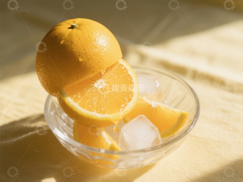 高清大图下载【趣麦麦图】橙子与冰块在玻璃碗中