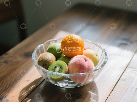 木桌上摆放的水果碗
