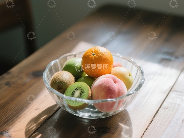 木桌上摆放的水果碗