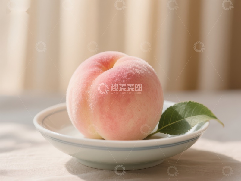 高清大图下载【趣麦麦图】盘中新鲜桃子与绿叶