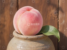 桃子置于陶罐中，背景为木质墙面