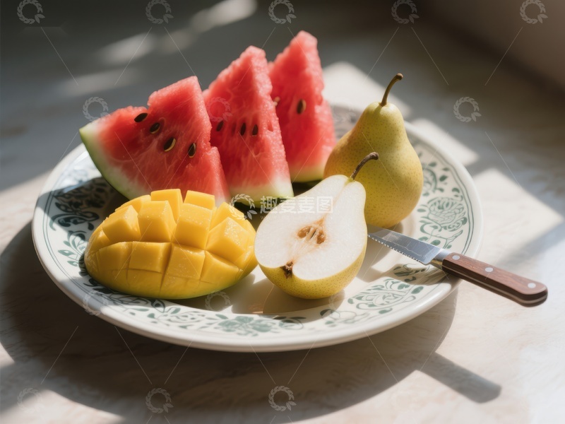高清大图下载【趣麦麦图】夏日水果拼盘：西瓜、芒果与梨