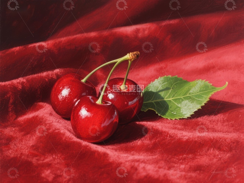 高清大图下载【趣麦麦图】红布上的三颗樱桃