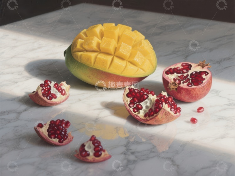 高清大图下载【趣麦麦图】芒果与石榴的静物组合