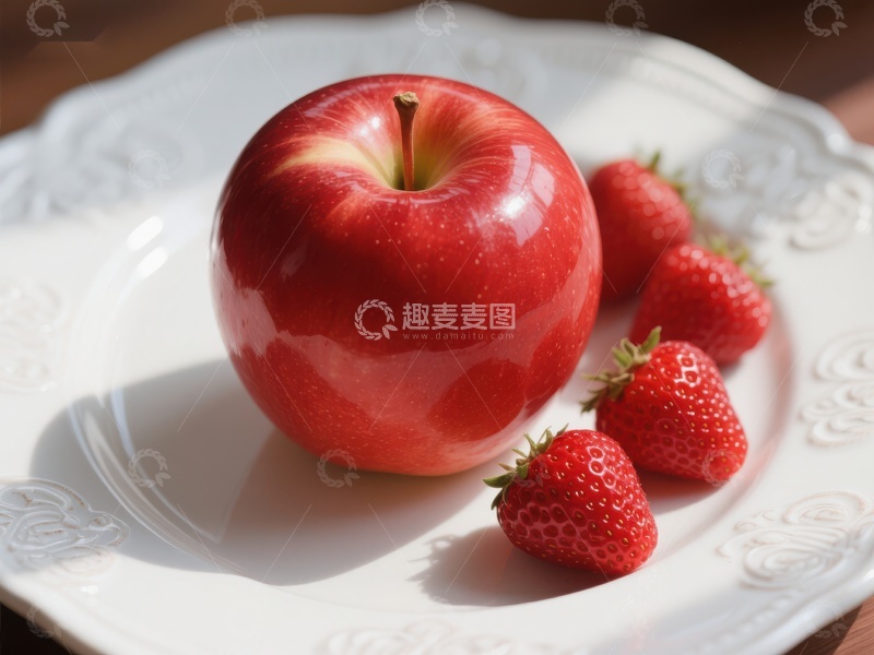高清大图下载【趣麦麦图】红苹果与草莓置于白色盘中