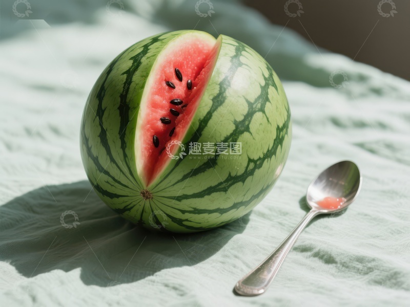 高清大图下载【趣麦麦图】切开的西瓜与银勺静置绿布上