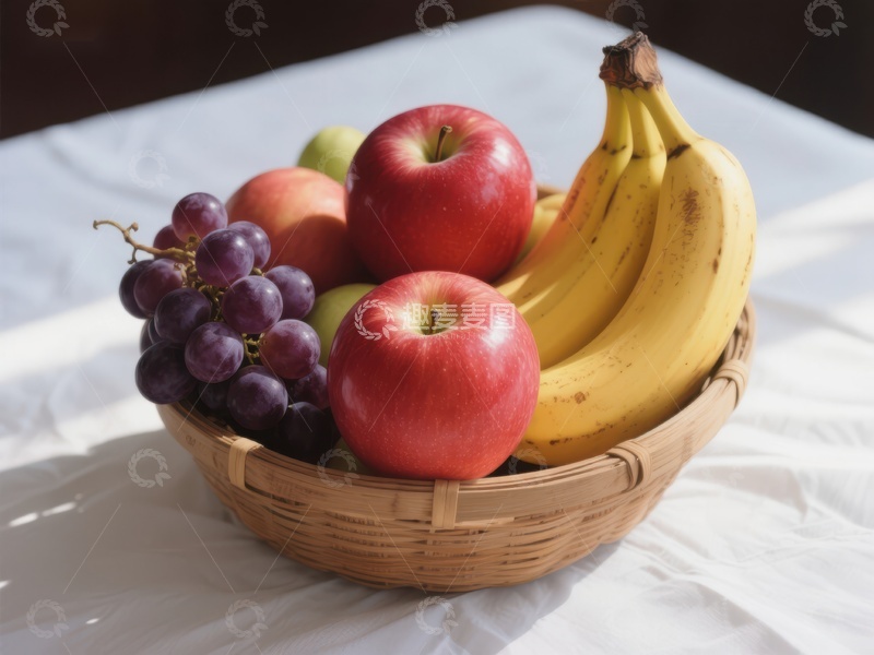 高清大图下载【趣麦麦图】新鲜水果篮：苹果、香蕉与葡萄