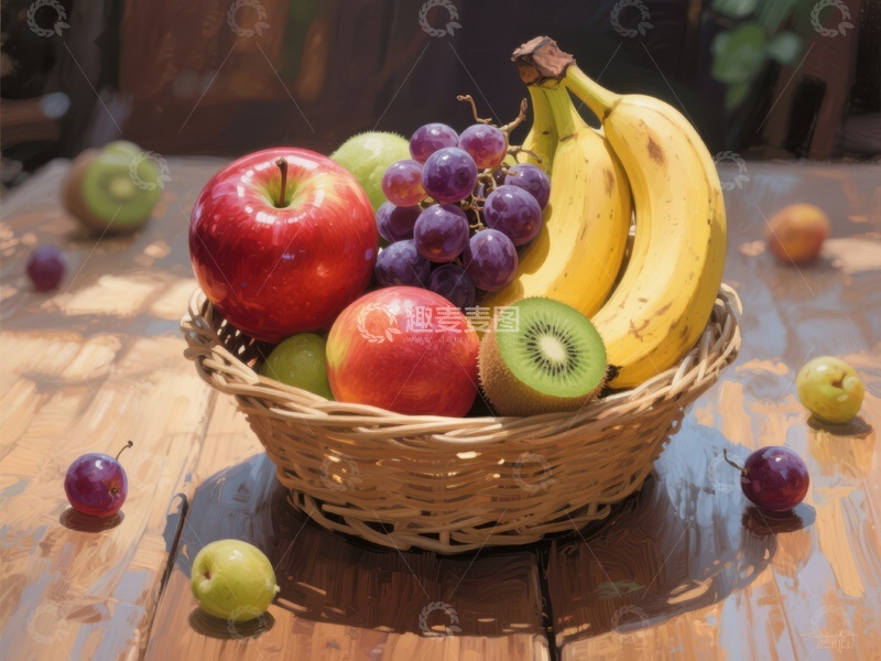 高清大图下载【趣麦麦图】新鲜水果篮，色彩斑斓