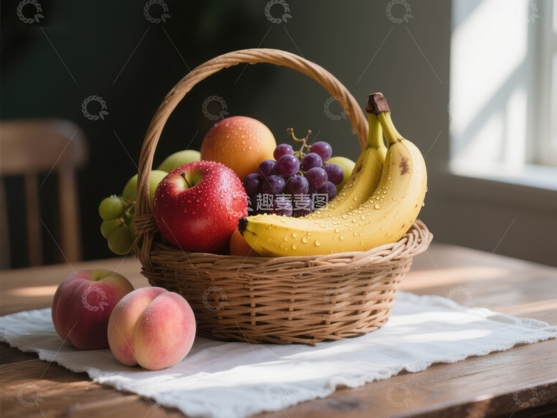 高清大图下载【趣麦麦图】新鲜水果篮静置窗边