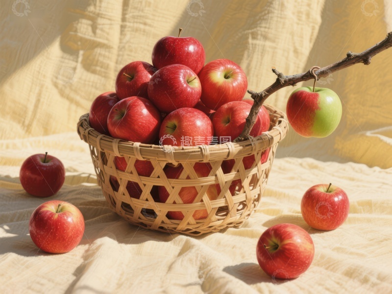 高清大图下载【趣麦麦图】竹篮中的红苹果与枝头绿果