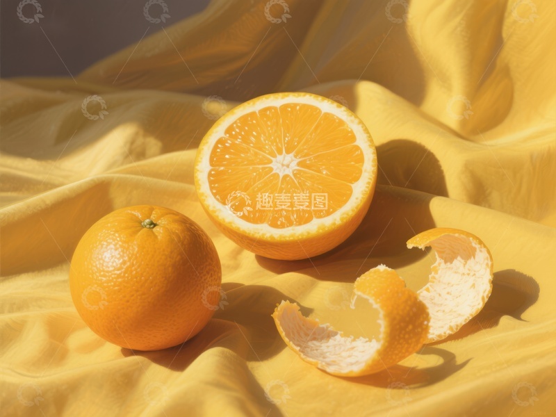 高清大图下载【趣麦麦图】橙子切片与果皮，黄色布料背景