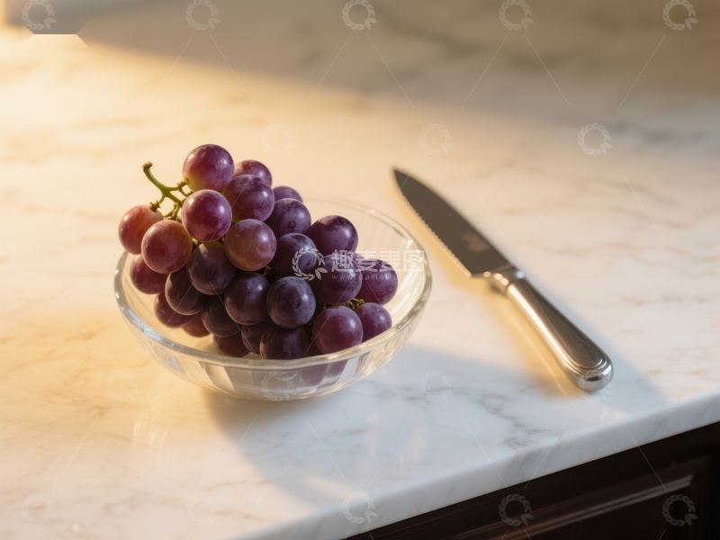 高清大图下载【趣麦麦图】葡萄与刀具置于大理石台面