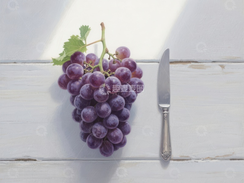 高清大图下载【趣麦麦图】葡萄与刀具的静物组合