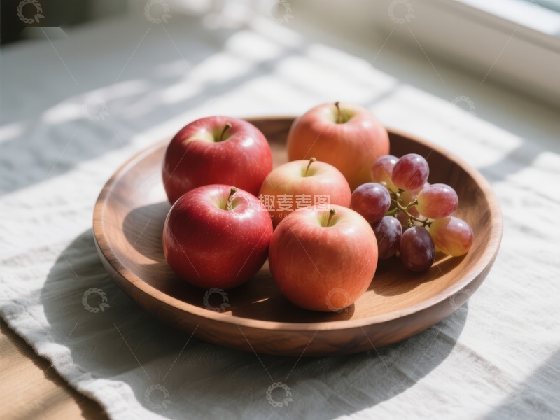 高清大图下载【趣麦麦图】木盘中的苹果与葡萄