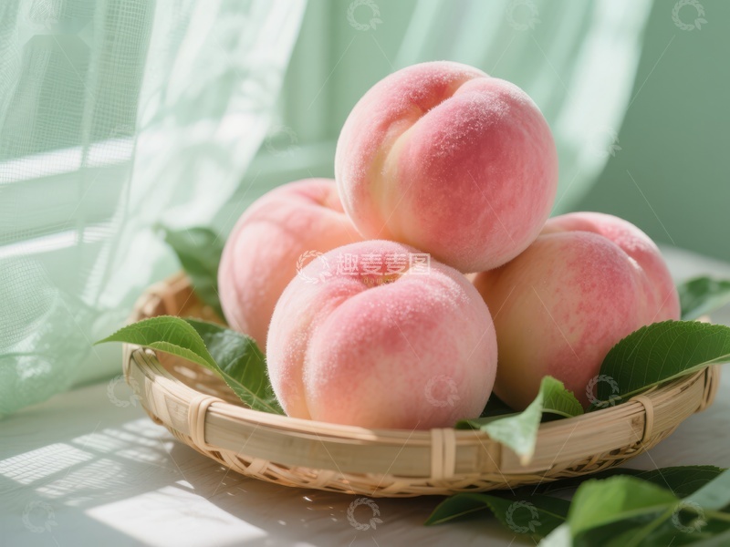 高清大图下载【趣麦麦图】-新鲜桃子置于竹篮中