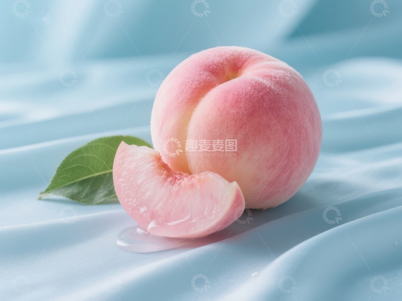 高清大图下载【趣麦麦图】新鲜桃子与切片，蓝布背景
